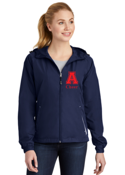 AHS Varsity Cheer Hooded Raglan Jacket with Red Falcon Decoration and Cheer Name and Graduation